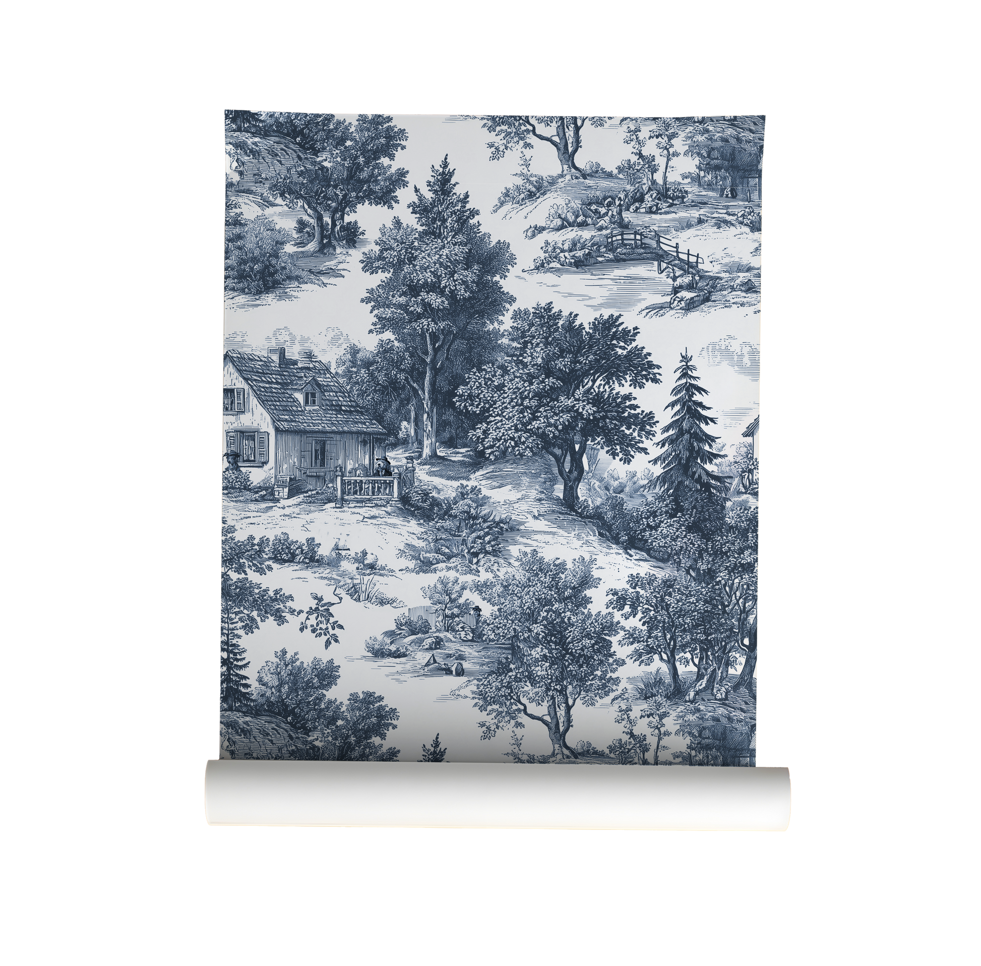 Wallpaper roll with a blue and white landscape design featuring trees and a house.