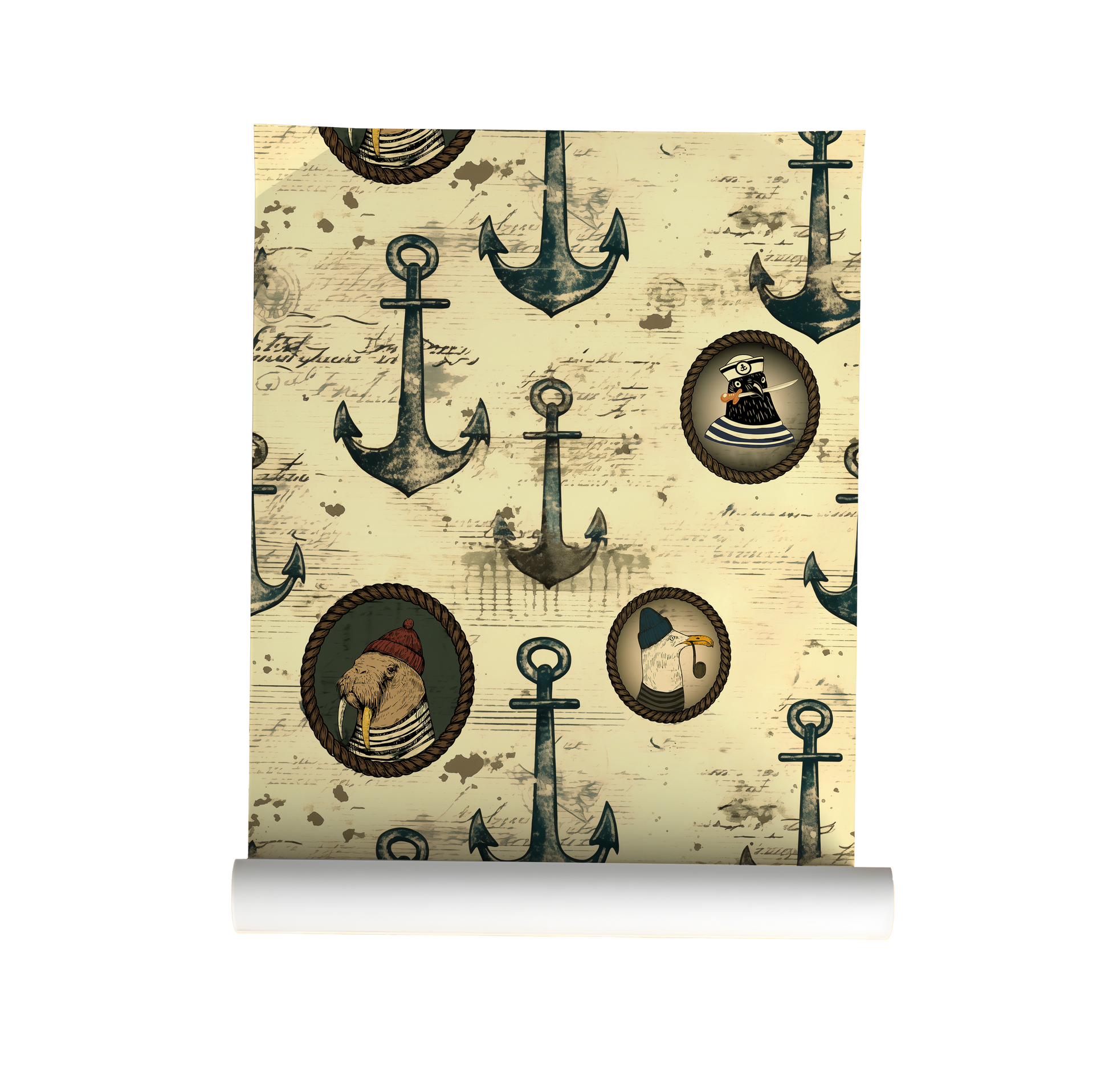 Nautical-themed wallpaper with anchors and ship wheels on a beige background