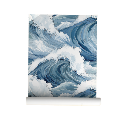 Wallpaper with blue and white wave design on a white background