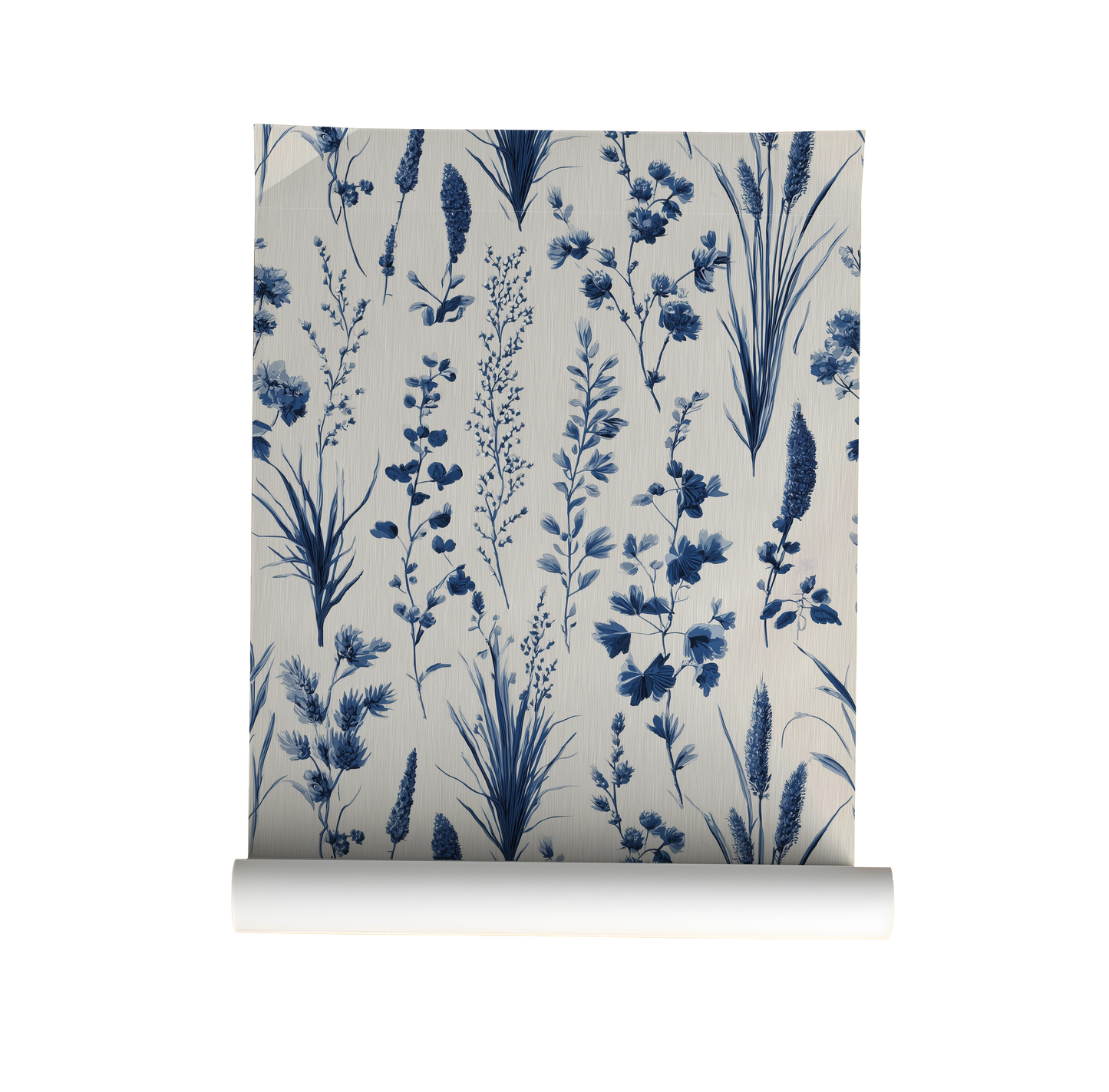 Roll of wallpaper with blue floral pattern on a white background