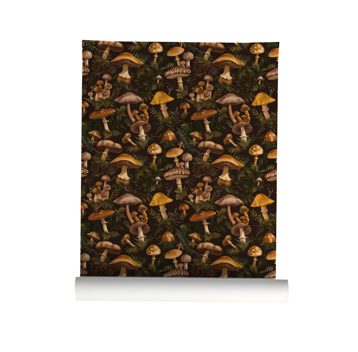 Mushroom wallpaper peel and stick, dark cottagecore forest pattern with vintage fungi illustrations and botanical greenery on roll