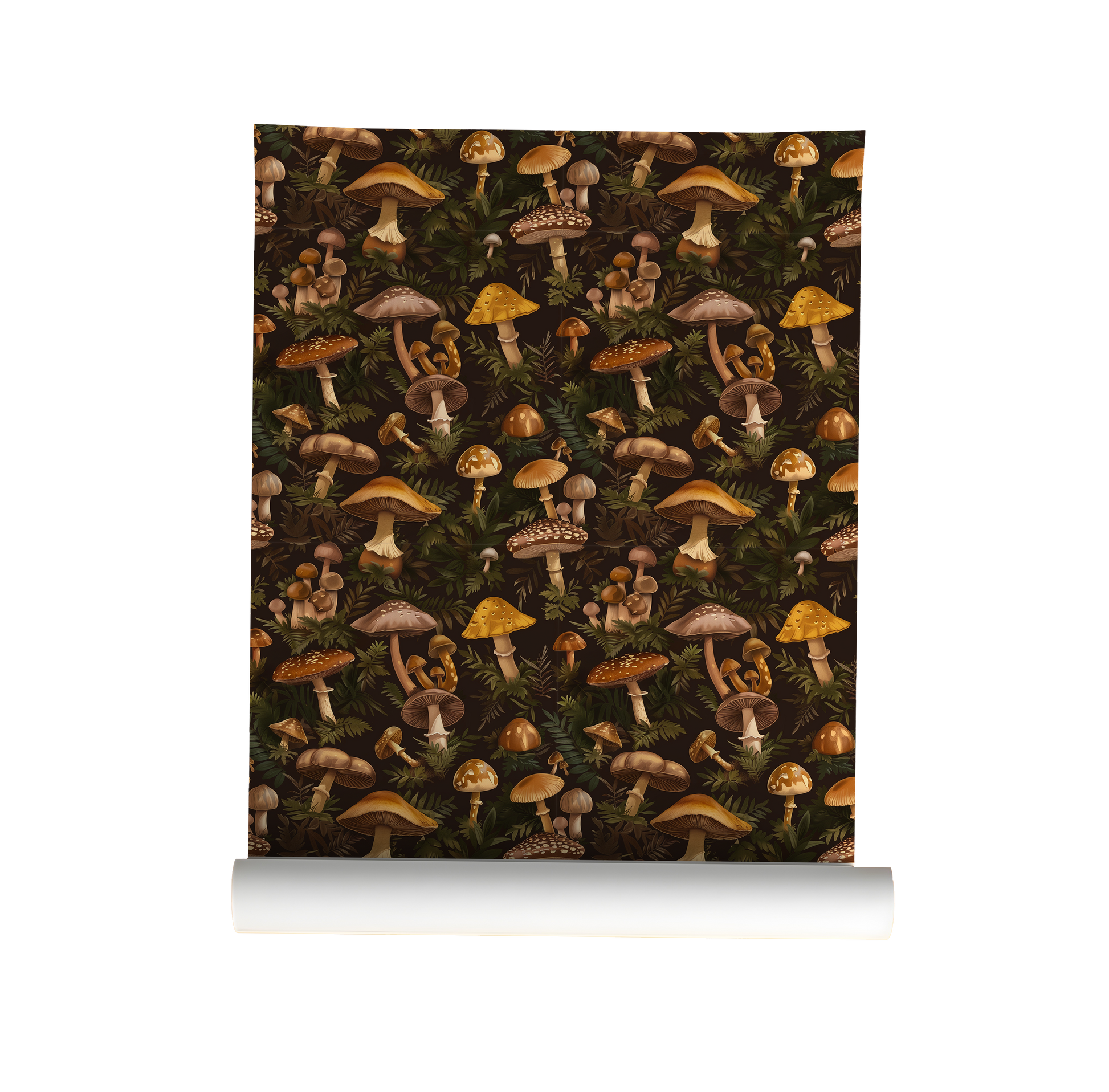 Mushroom wallpaper peel and stick, dark cottagecore forest pattern with vintage fungi illustrations and botanical greenery on roll