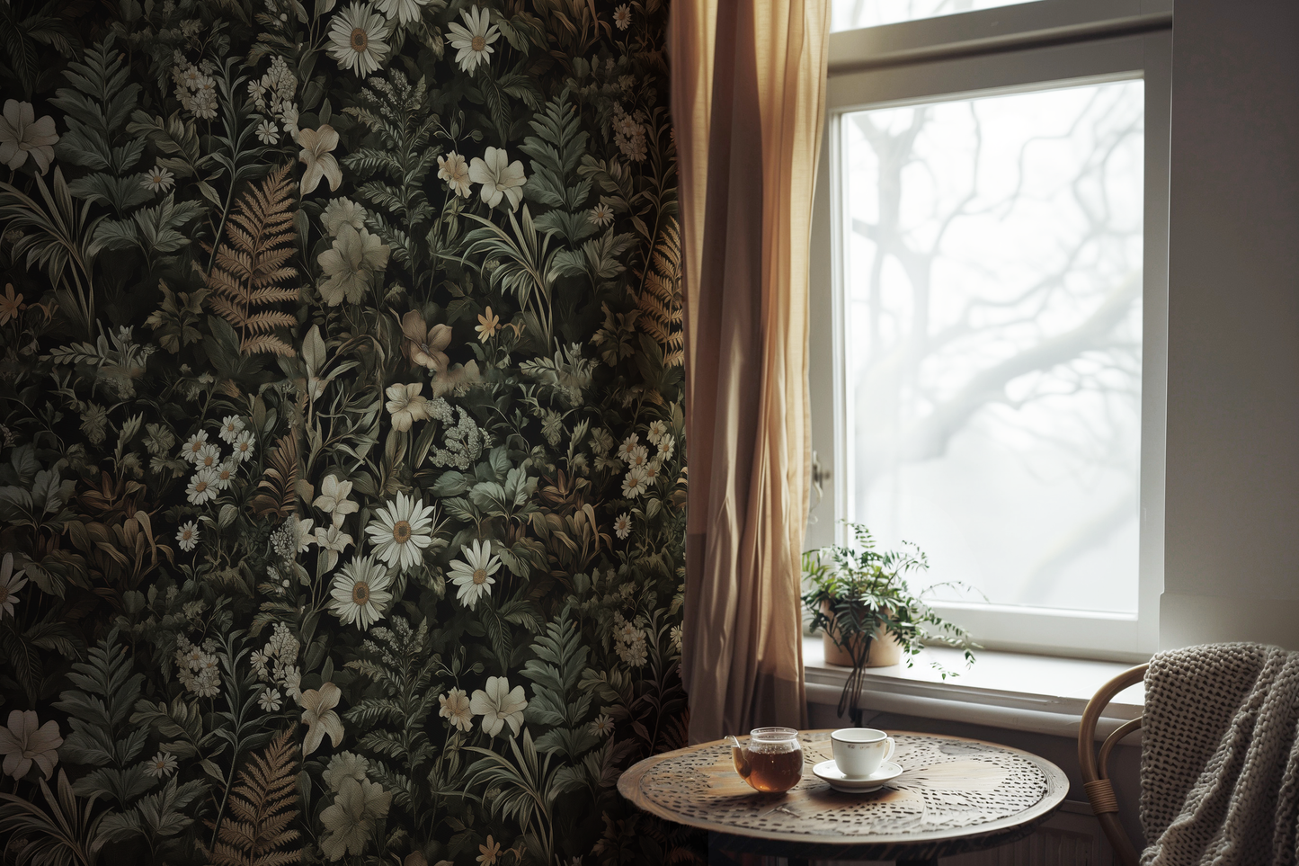 Dark green botanical wallpaper with dense vintage florals, ferns, and wildflowers in moody cottagecore style In kitchen
