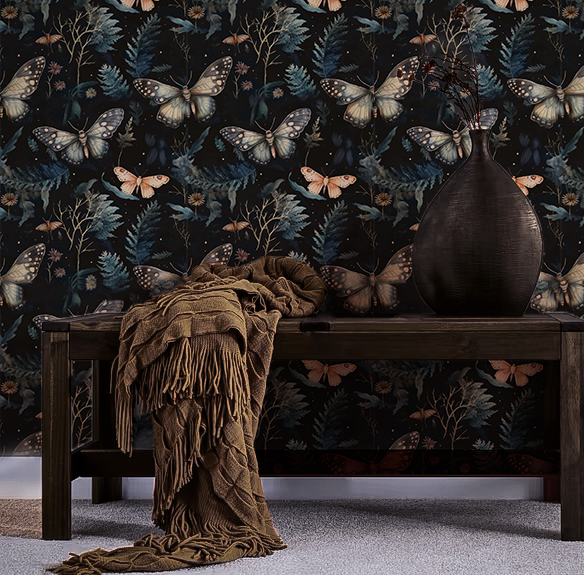 Dark cottagecore moody moth wallpaper on wall