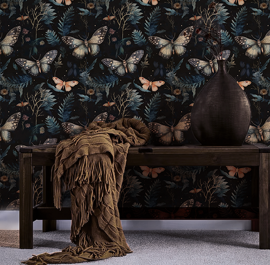 Dark cottagecore moody moth wallpaper on wall