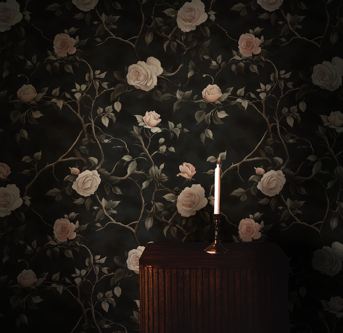 Dark floral wallpaper with ivory and blush roses climbing twisted vines on a moody black background in living room