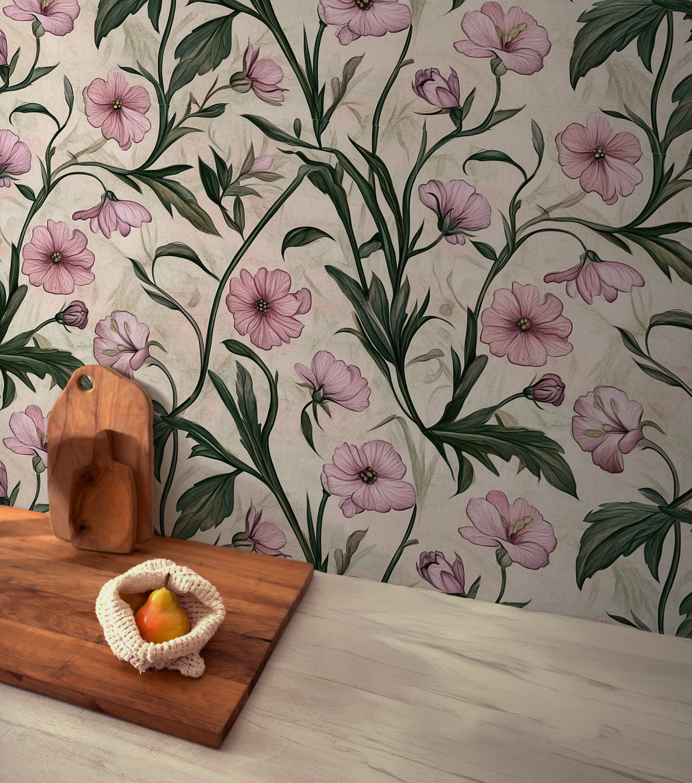 Soft blush floral wallpaper with delicate pink wildflowers and trailing botanical stems on a warm neutral background, cottagecore wallpaper design for bedrooms, nurseries, and romantic interiors, in kitchen