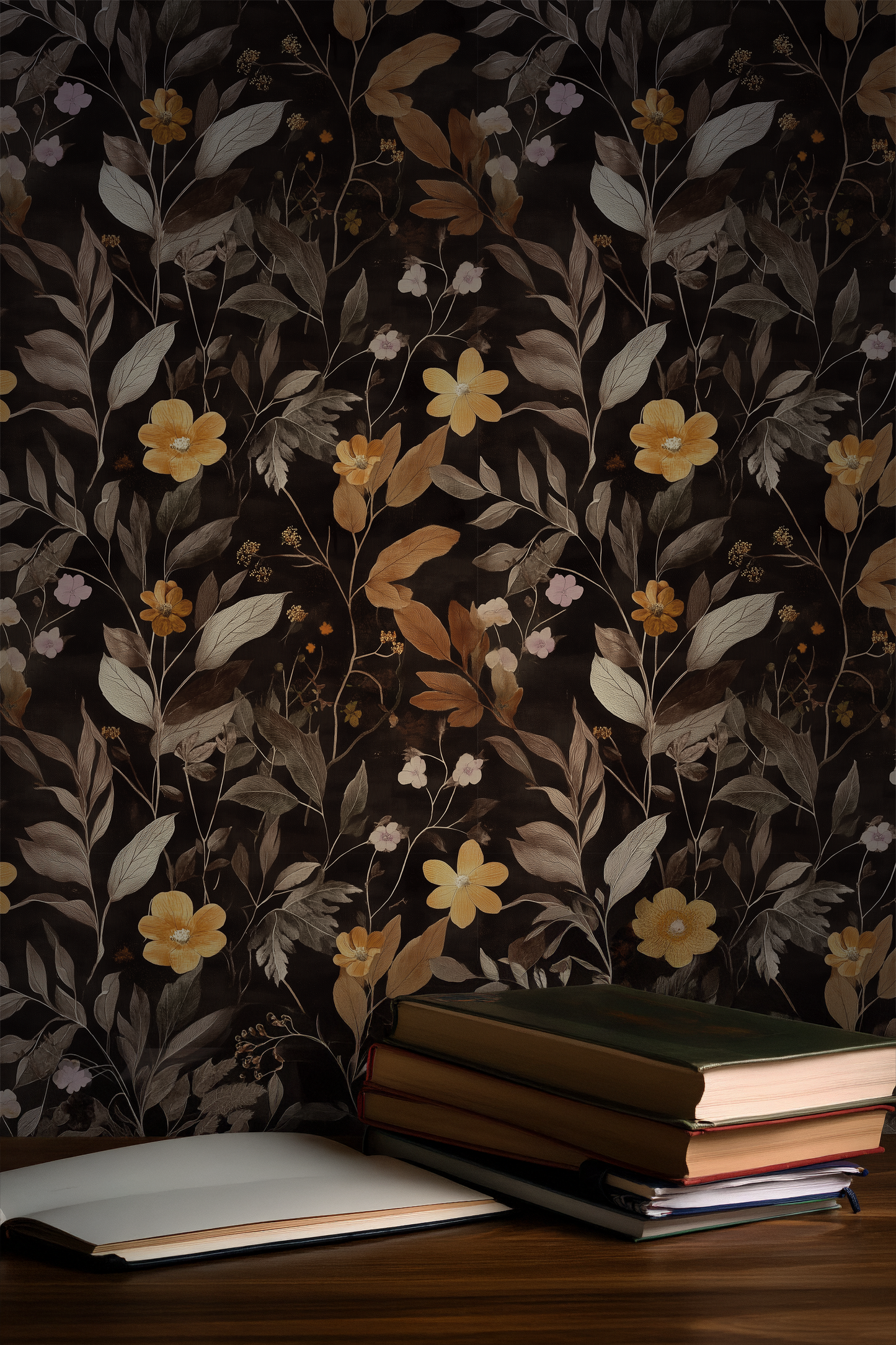 Dark botanical wallpaper featuring golden wildflowers, taupe foliage, and delicate floral stems on a black background, creating a moody cottagecore and dark academia aesthetic, on wall.
