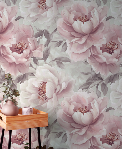 Large pink peony floral peel and stick wallpaper