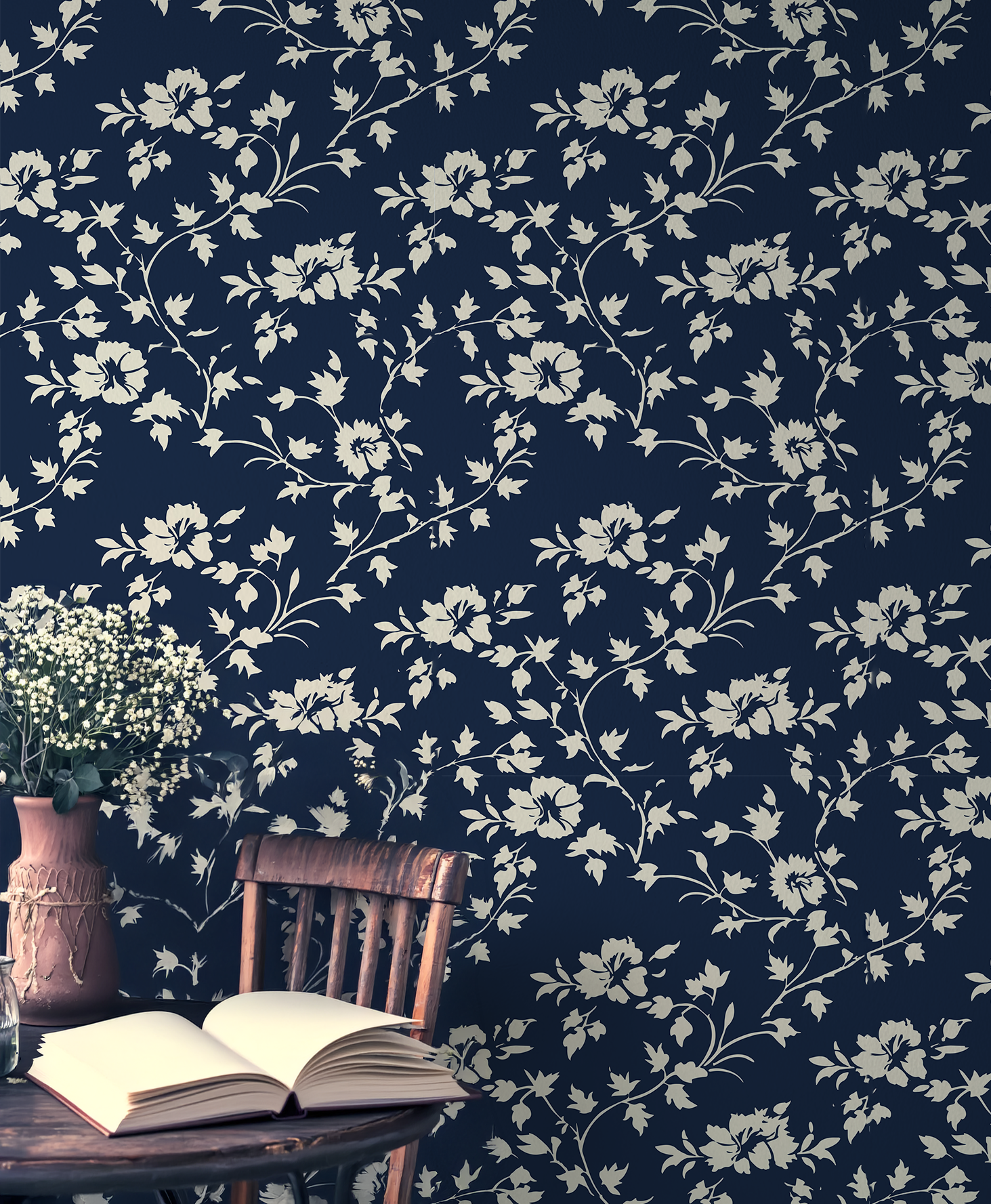 Navy and cream vintage floral peel and stick wallpaper mural 