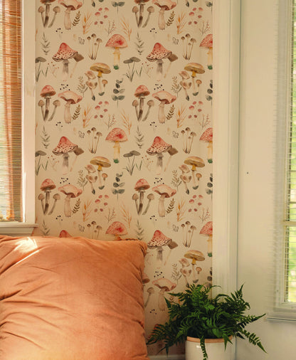 Whimsical vintage  mushroom peel and stick wallpaper