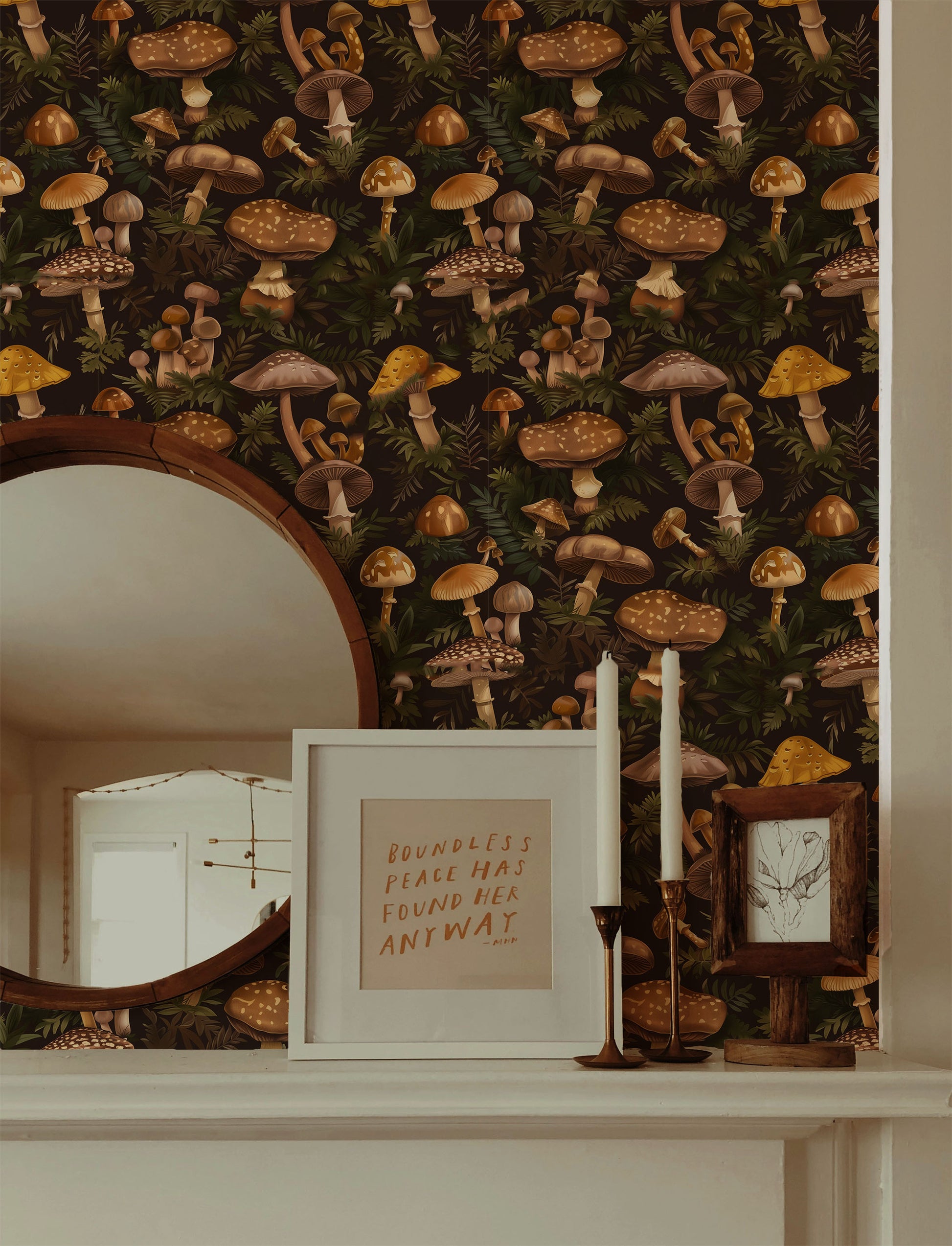 Mushroom wallpaper peel and stick, dark cottagecore forest pattern with vintage fungi illustrations and botanical greenery