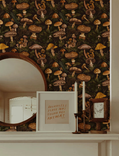 Mushroom wallpaper peel and stick, dark cottagecore forest pattern with vintage fungi illustrations and botanical greenery