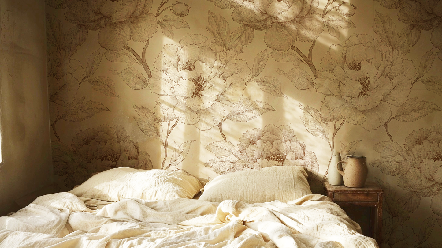 Vintage Peony Floral Wallpaper – Soft Neutral Botanical Design