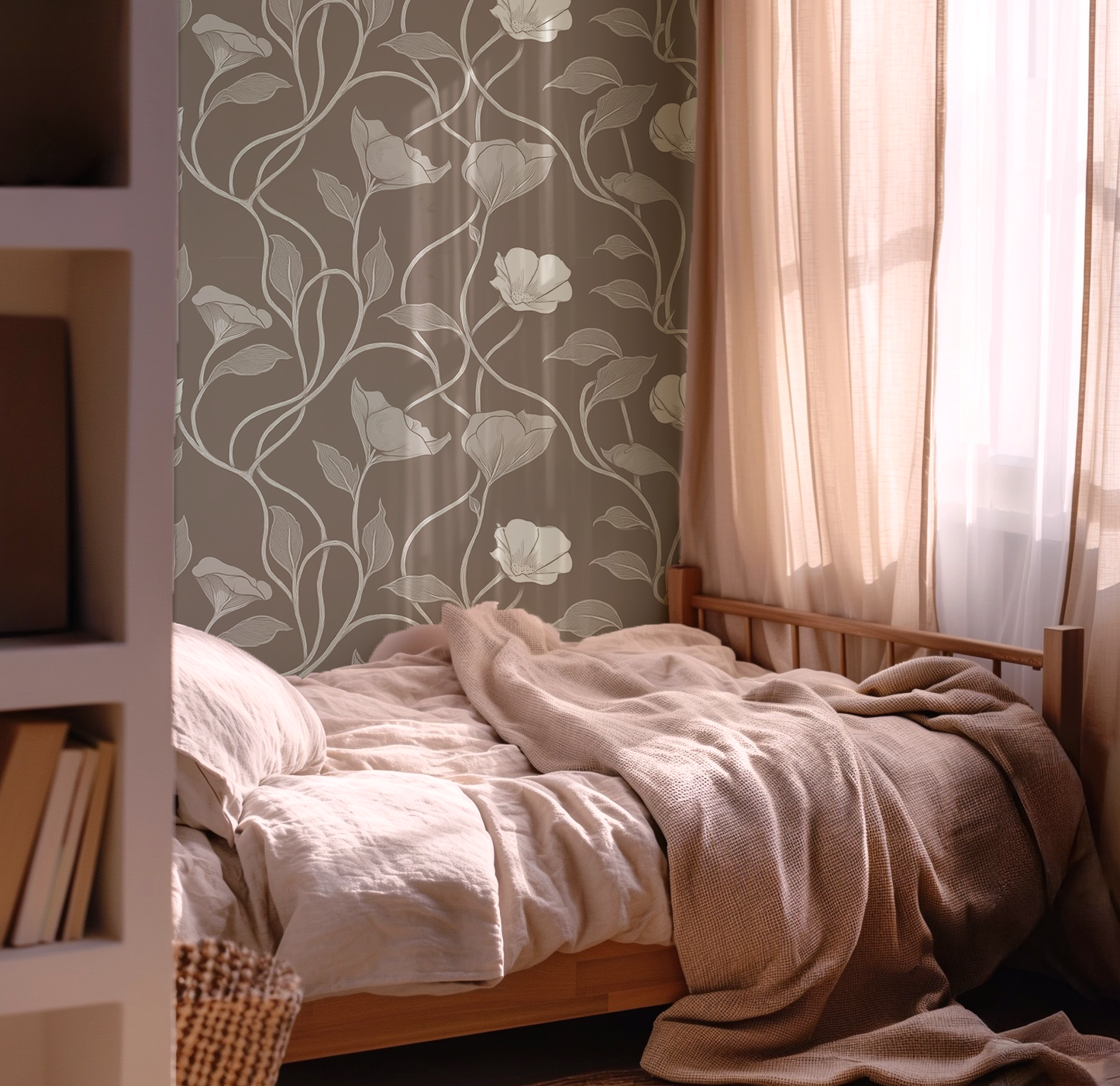 Taupe Floral Vines Wallpaper - Neutral Botanical Wallpaper