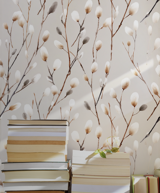 Neutral botanical peel and stick wallpaper 