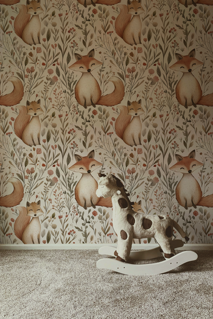 Woodland fox with floral peel and stick wallpaper for nursery