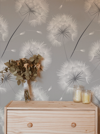 grey botanical dandelion peel and stick wallpaper