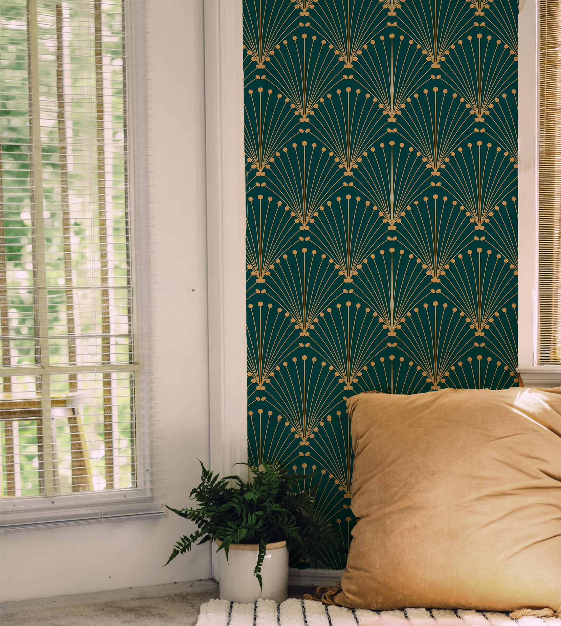 blue and gold art deco fan peel and stick wallpaper