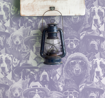 Moody wallpaper featuring a dense collage of stylish dogs in hats, glasses, and coats, illustrated in soft tones with a vintage portrait feel on wall