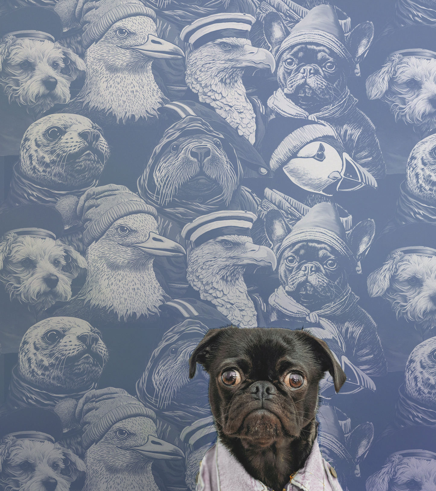 Blue peel-and-stick wallpaper sample featuring detailed illustrated animal portraits, including puffins, eagles, pugs, ducks, and sea otters wearing knit hats and sailor caps in a whimsical nautical style on wall