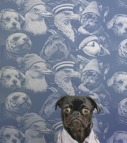 Blue peel-and-stick wallpaper sample featuring detailed illustrated animal portraits, including puffins, eagles, pugs, ducks, and sea otters wearing knit hats and sailor caps in a whimsical nautical style on wall