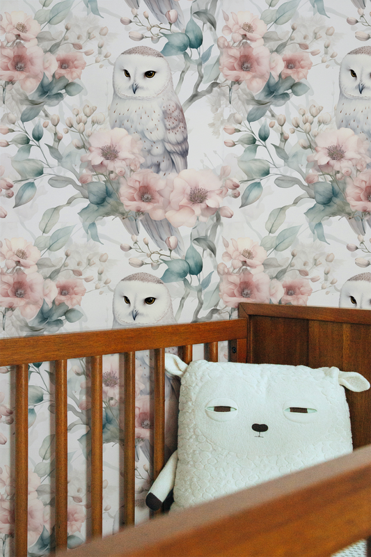 watercolor owl and floral peel and stick wallpaper for a nursery
