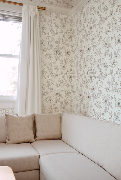 Honey Peonies - Neutral Lined Floral Wallpaper
