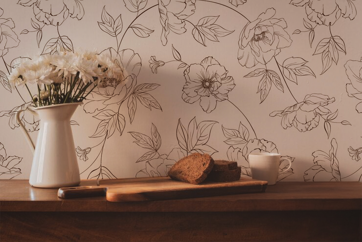 Honey Peonies - Neutral Lined Floral Wallpaper