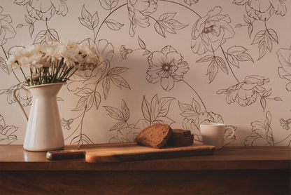 Honey Peonies - Neutral Lined Floral Wallpaper