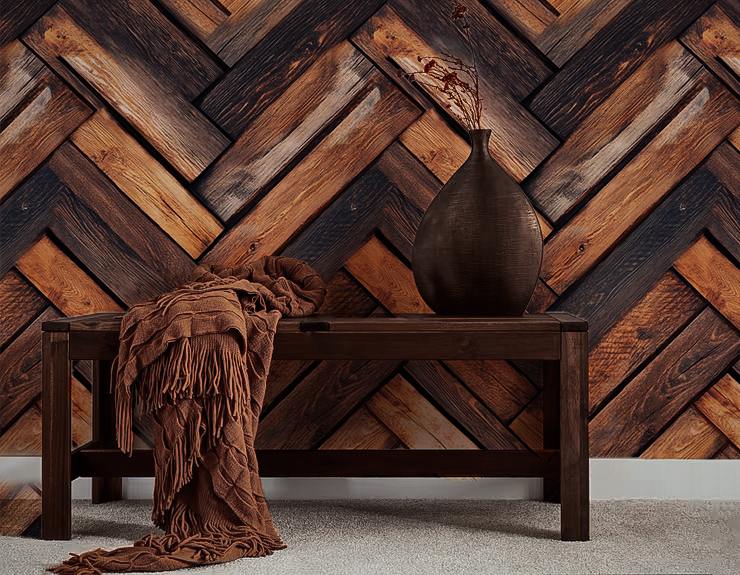 Rustic herringbone wood wallpaper featuring alternating dark walnut and warm natural wood planks with realistic grain patterns, weathered texture, and reclaimed farmhouse character in Hallway