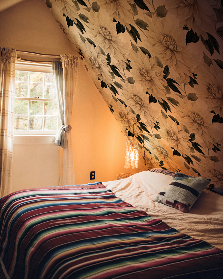 Large cream dahlia wallpaper with oversized floral blooms and deep green foliage on a soft white background in bedroom