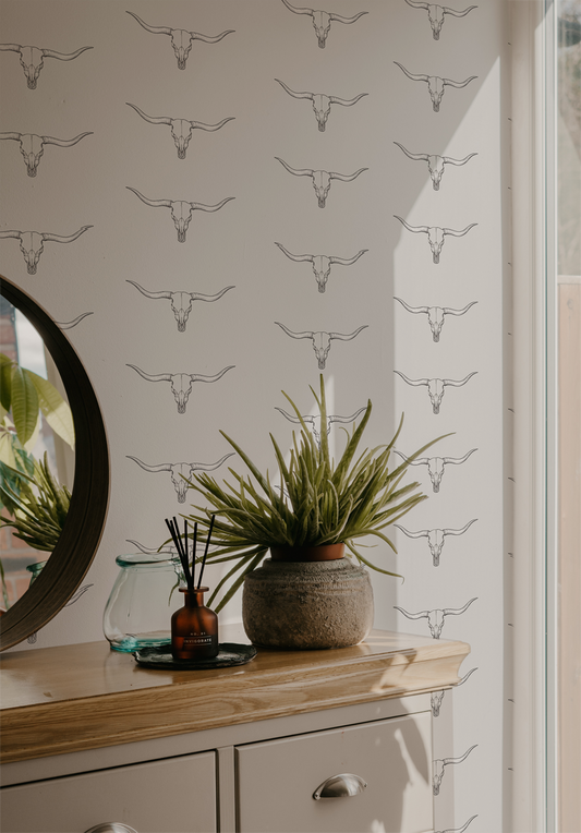 longhorn skull neutral western gothic peel and stick wallpaper