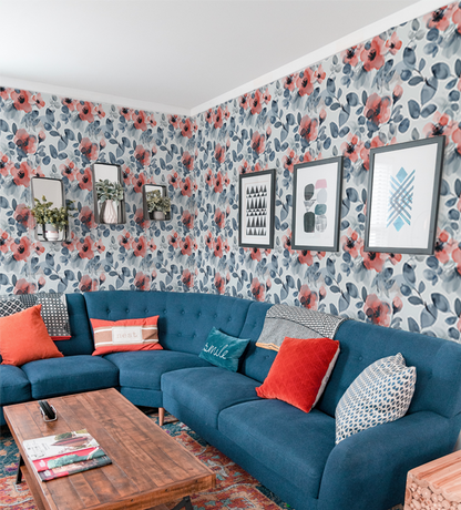 Ophelia  - Blue Watercolor Floral Wallpaper