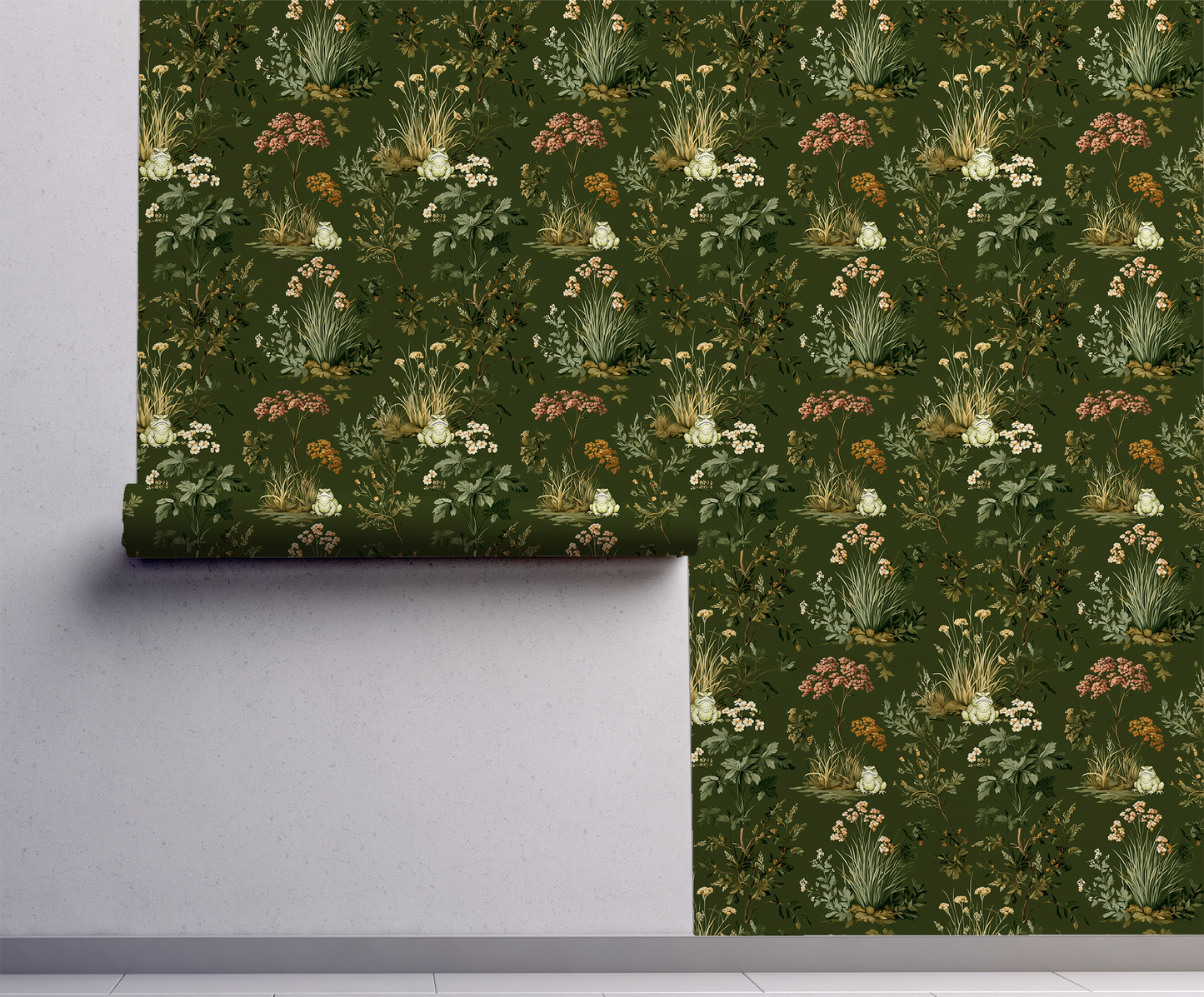 Woodland toad wallpaper with frogs, forest plants, and wildflowers on deep green background