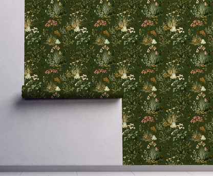 Woodland toad wallpaper with frogs, forest plants, and wildflowers on deep green background
