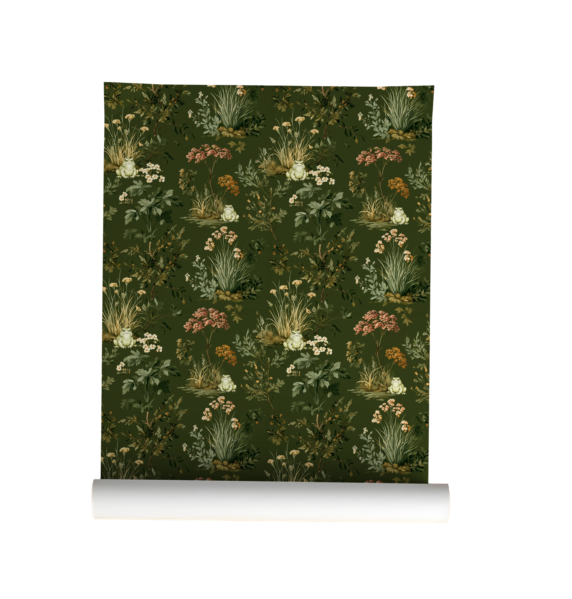 Woodland toad wallpaper with grumpy frogs, forest plants, and wildflowers on a deep green background on wallpaper roll