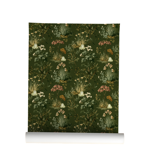 Woodland toad wallpaper with frogs, forest plants, and wildflowers on deep green background On roll