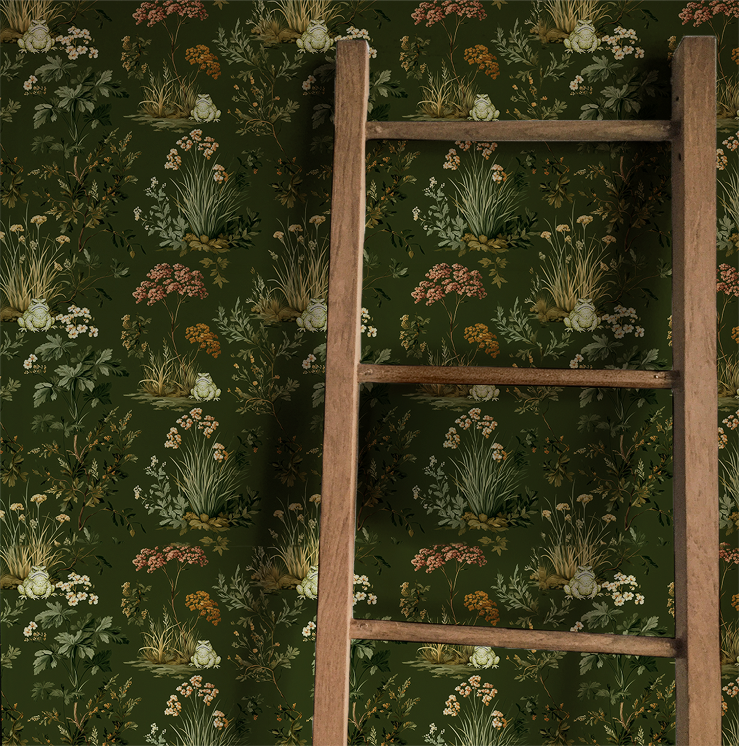 Woodland toad wallpaper with frogs, forest plants, and wildflowers on deep green background On wall