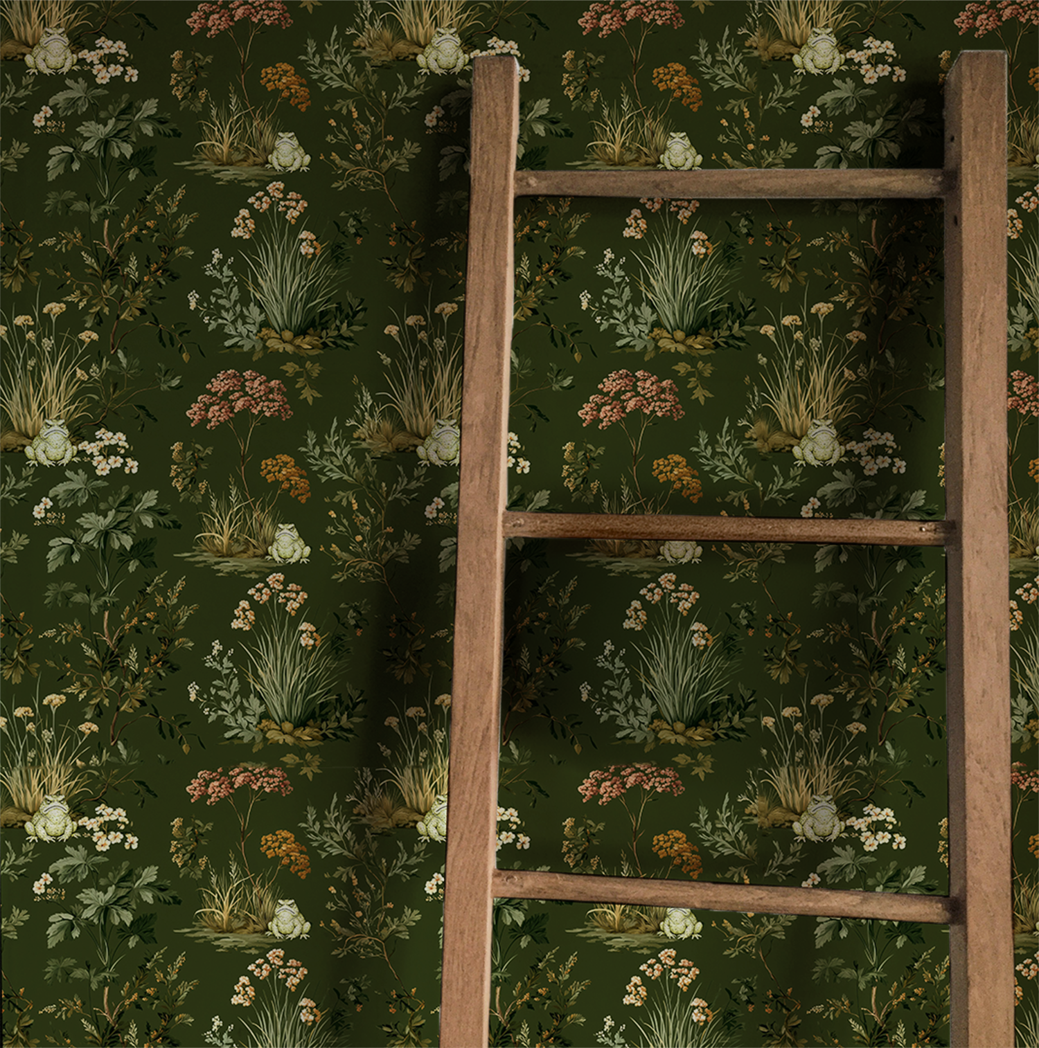 Woodland toad wallpaper with frogs, forest plants, and wildflowers on deep green background On wall
