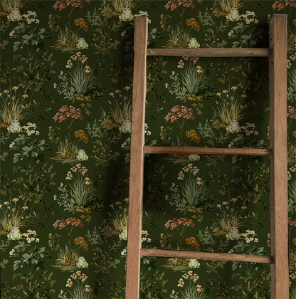 Woodland toad wallpaper with frogs, forest plants, and wildflowers on deep green background On wall