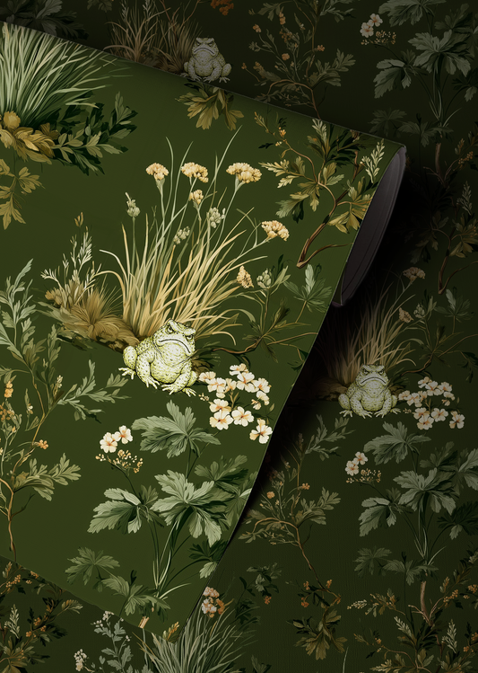 Woodland toad wallpaper with grumpy frogs, forest plants, and wildflowers on a deep green background — small repeat botanical pattern, peel and stick