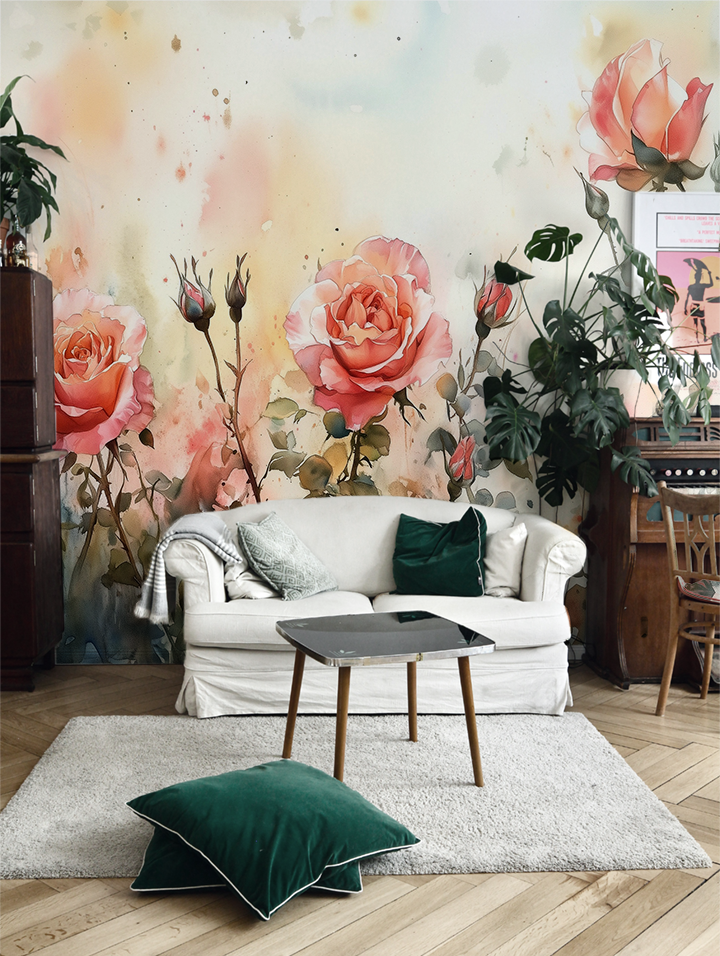 watercolor floral roses peel and stick wallpaper mural 
