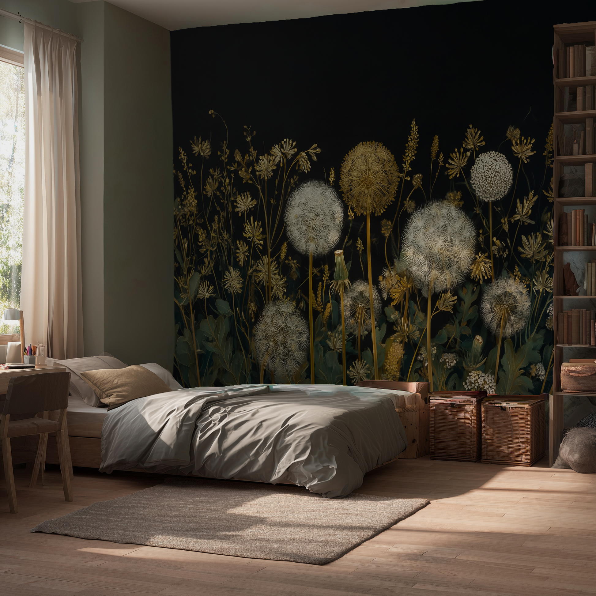 Dark botanical dandelion peel and stick wallpaper mural  