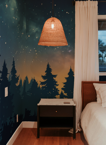 dark moody forest scene wallpaper mural with silhouetted trees and misty mountain atmosphere in bedroom
