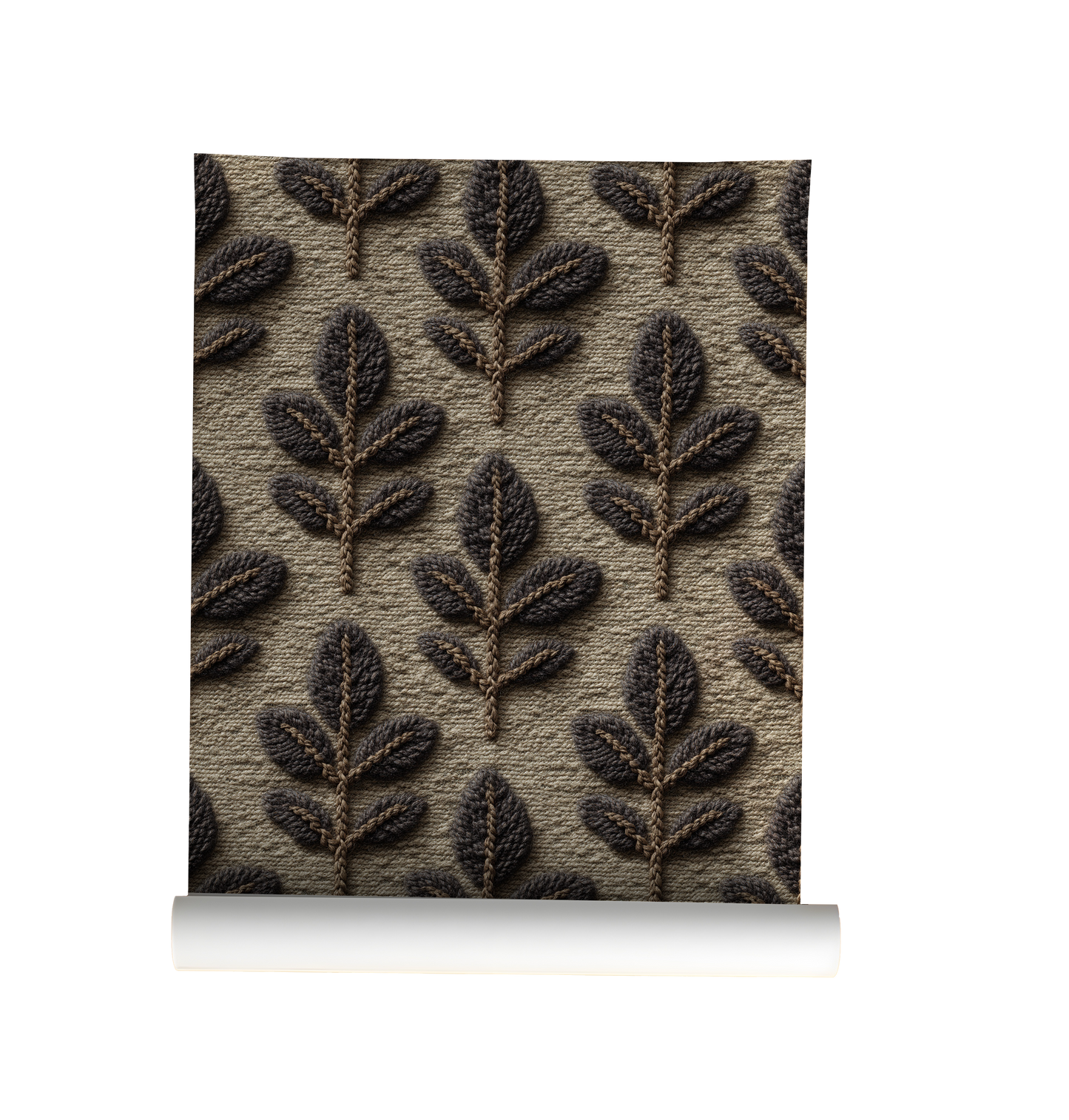 Textured leaf knit wallpaper with embroidered botanical pattern in earthy woodland tones On roll
