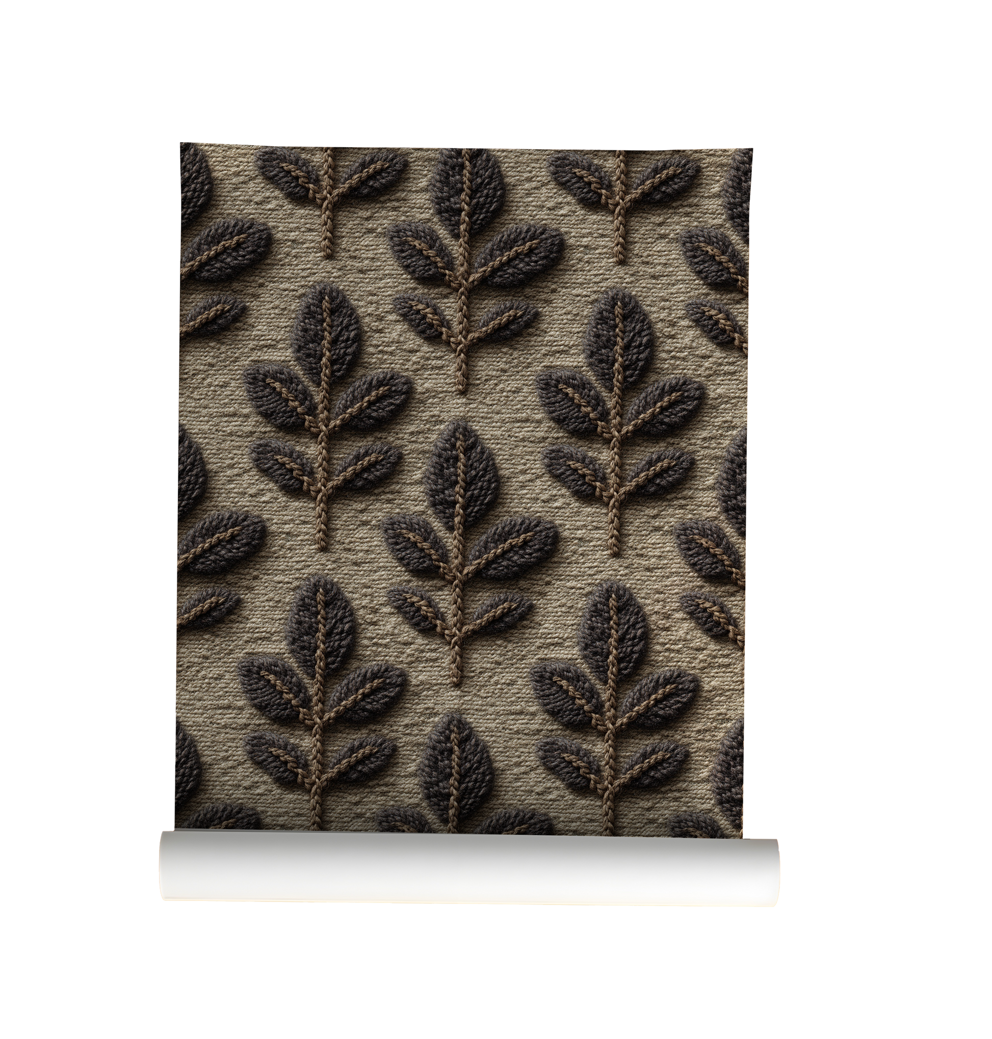 Textured leaf knit wallpaper with embroidered botanical pattern in earthy woodland tones On roll