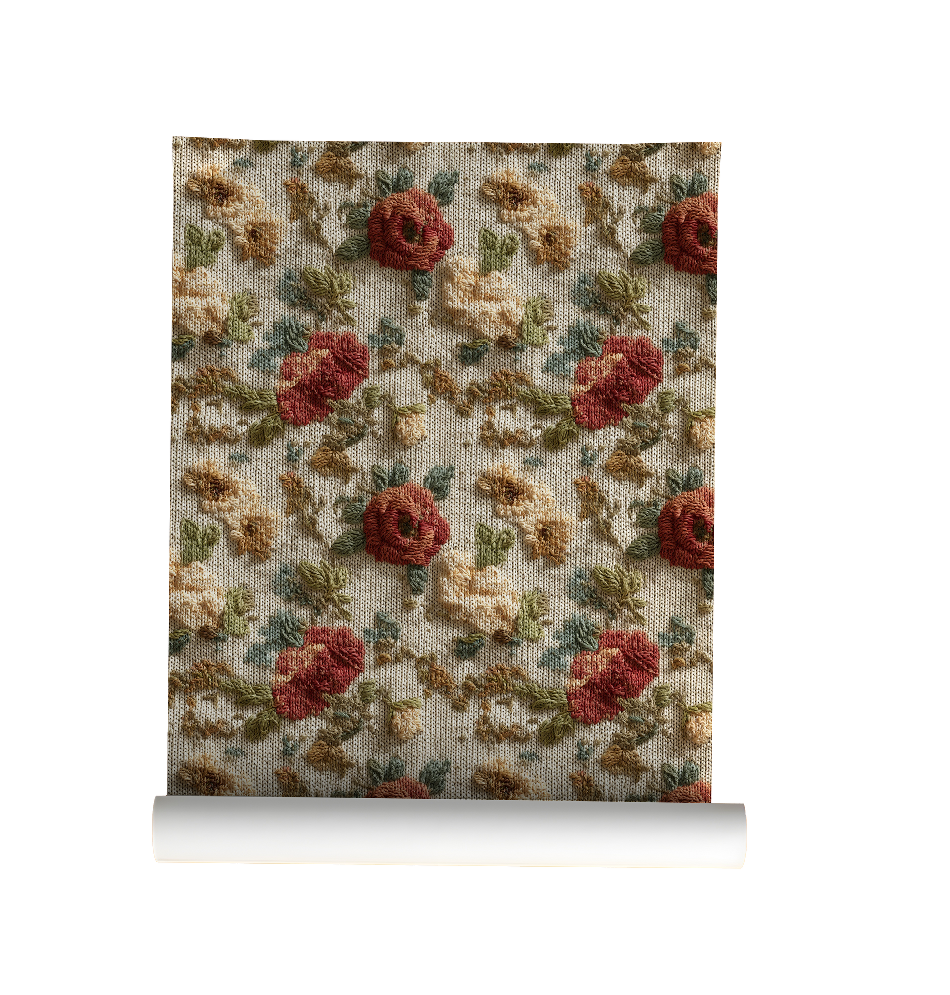 Vintage embroidered floral wallpaper with textured roses and wildflowers on linen background On roll