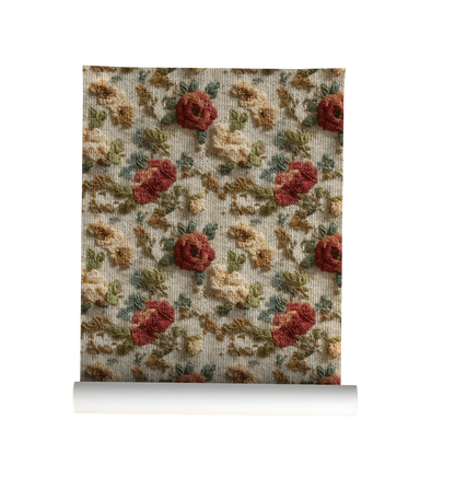 Vintage embroidered floral wallpaper with textured roses and wildflowers on linen background On roll