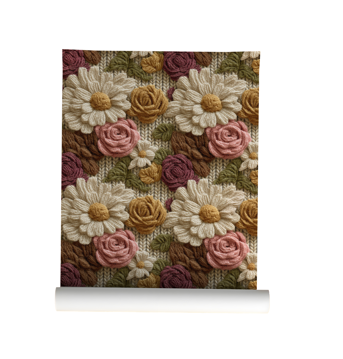 Textured floral wallpaper with wool embroidered daisies and roses in warm vintage tones on roll 